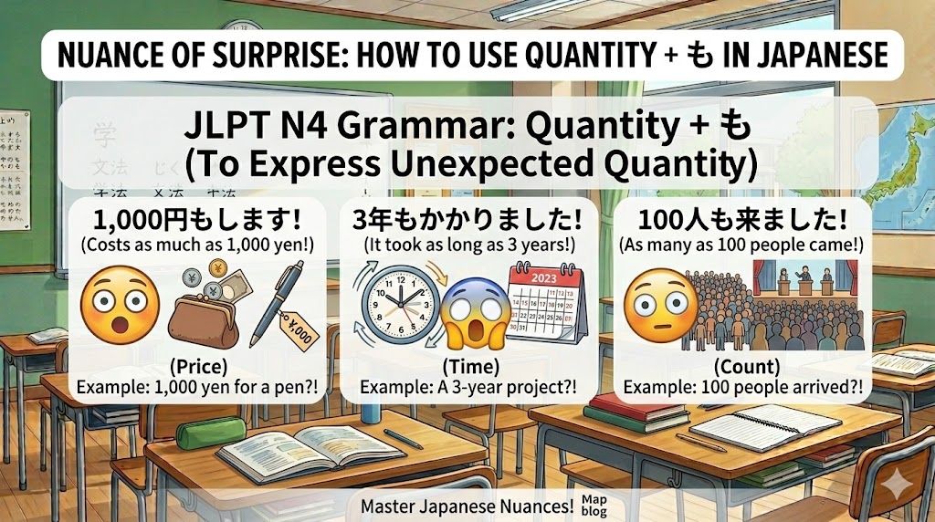 When you use Quantity + も, it transforms a dry, objective fact into a subjective expression of surprise, emphasis, or even a bit of complaining.